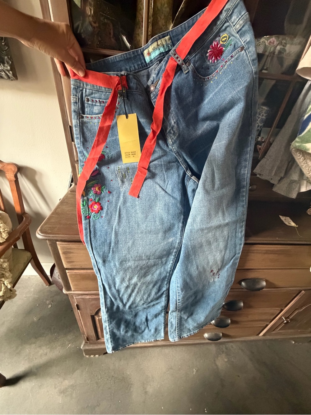 NWT Women’s Blue Embroidered Jeans with Red Waist Tie